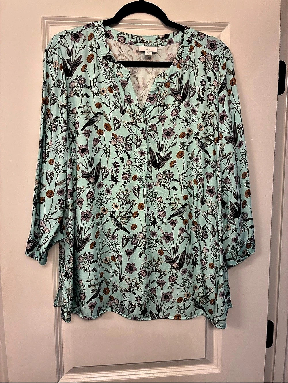 J.Jill Bird Utopia Botanical Print V-Neck Blouse Blue & Brown Large